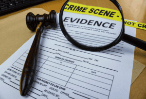 Crime scene evidence form and gavel under review, illustrating challenges in evidence access tied to Michael Morton Act Texas
