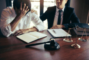 Defense attorney supporting a distressed client during legal consultation about Michael Morton Act Texas