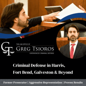 Houston criminal defense attorney Greg Tsioros standing in a courtroom, featured beside bold headline text highlighting criminal defense services in Harris, Fort Bend, and Galveston counties.