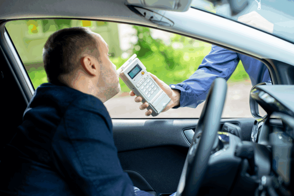 Person blowing into a breathalyzer while seated in a car during a police traffic stop, illustrating DWI enforcement in Texas.