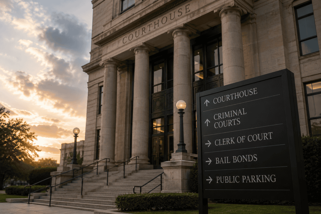 Texas courthouse and criminal court entrance representing the next steps after bond is set in a felony case
