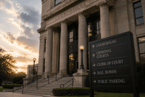 Texas courthouse and criminal court entrance representing the next steps after bond is set in a felony case