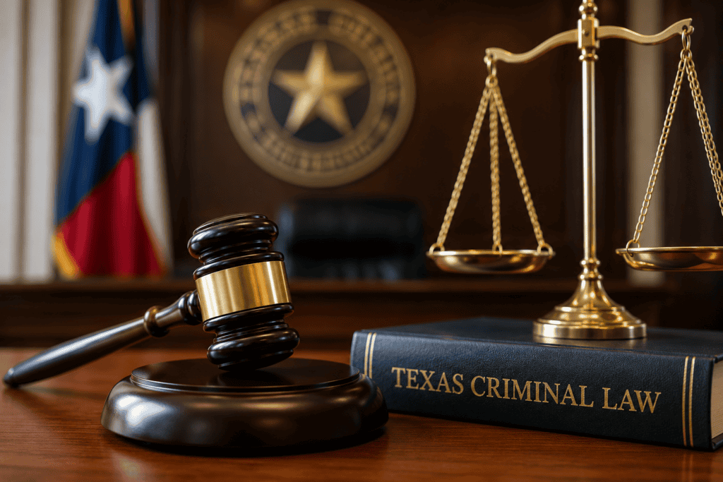Texas criminal court courtroom with judge's gavel, scales of justice, and criminal law book representing the felony case process